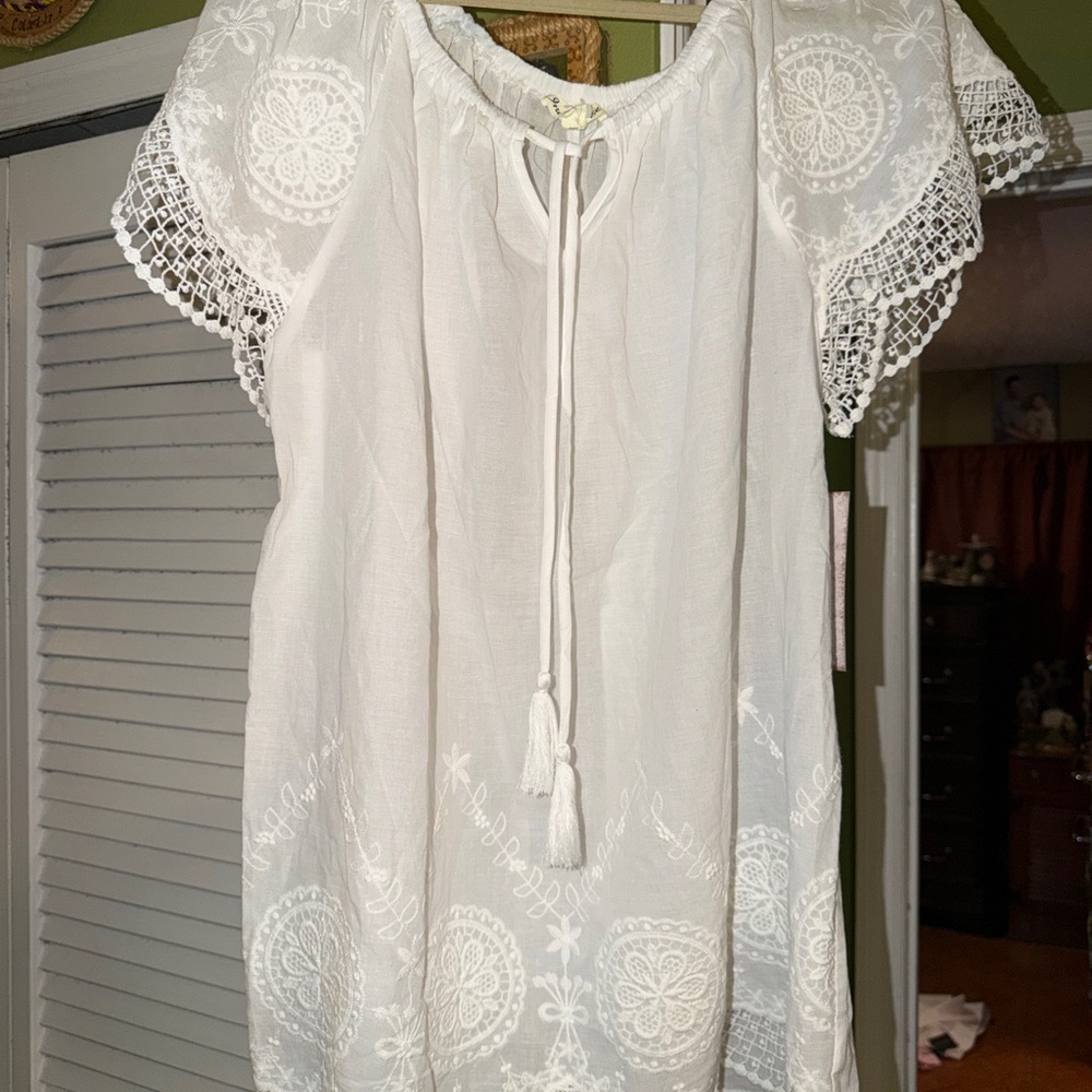 White Embroidered Peasant Blouse with Tassel Tie